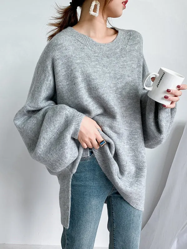 xakxx Stretch Mohair-Blend Balloon Sleeves Loose Solid Round-Neck Sweater Tops