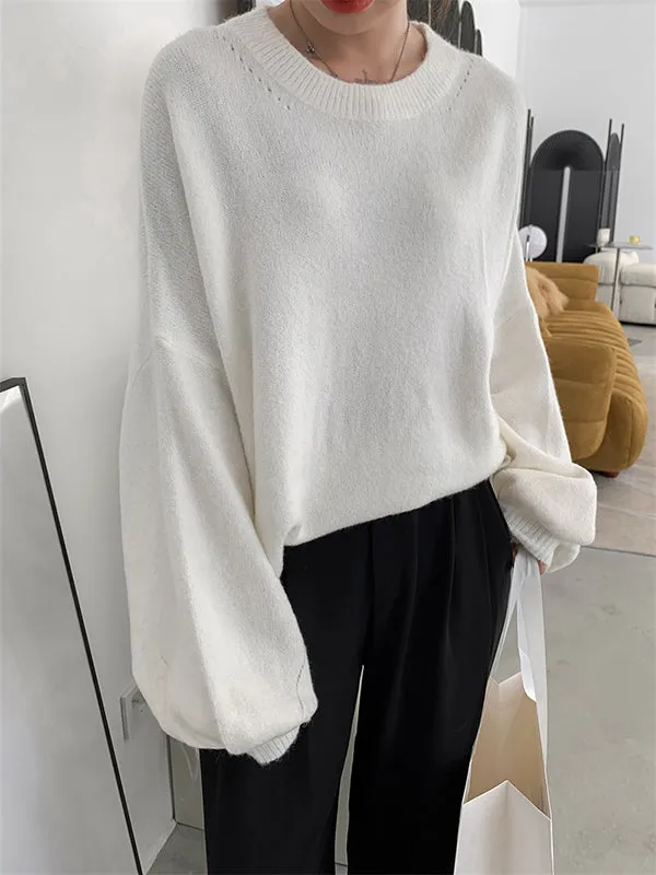xakxx Stretch Mohair-Blend Balloon Sleeves Loose Solid Round-Neck Sweater Tops