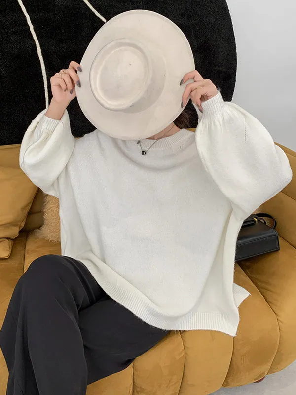 xakxx Stretch Mohair-Blend Balloon Sleeves Loose Solid Round-Neck Sweater Tops
