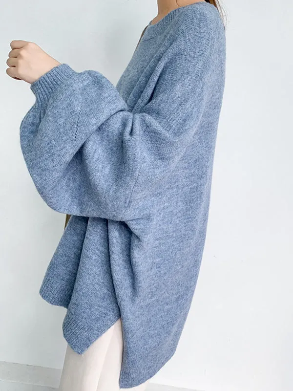 xakxx Stretch Mohair-Blend Balloon Sleeves Loose Solid Round-Neck Sweater Tops