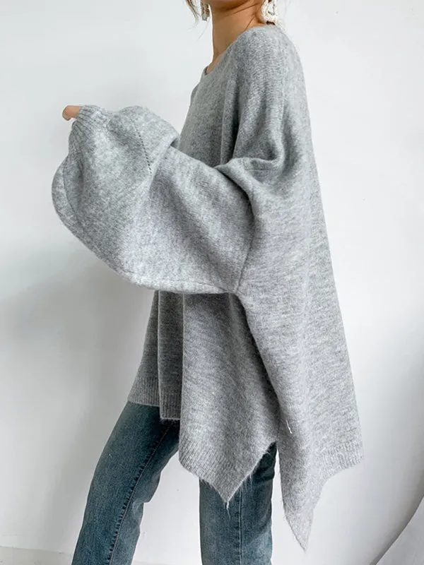 xakxx Stretch Mohair-Blend Balloon Sleeves Loose Solid Round-Neck Sweater Tops