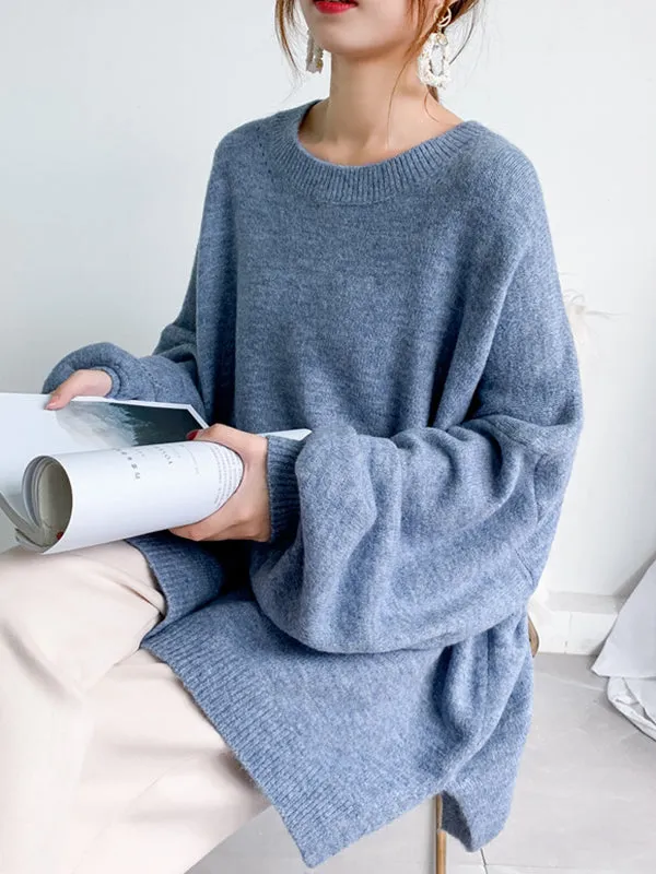 xakxx Stretch Mohair-Blend Balloon Sleeves Loose Solid Round-Neck Sweater Tops