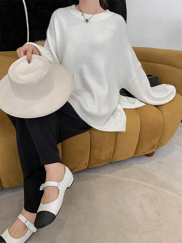 xakxx Stretch Mohair-Blend Balloon Sleeves Loose Solid Round-Neck Sweater Tops