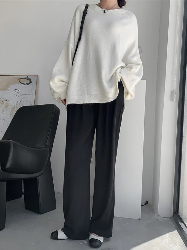 xakxx Stretch Mohair-Blend Balloon Sleeves Loose Solid Round-Neck Sweater Tops