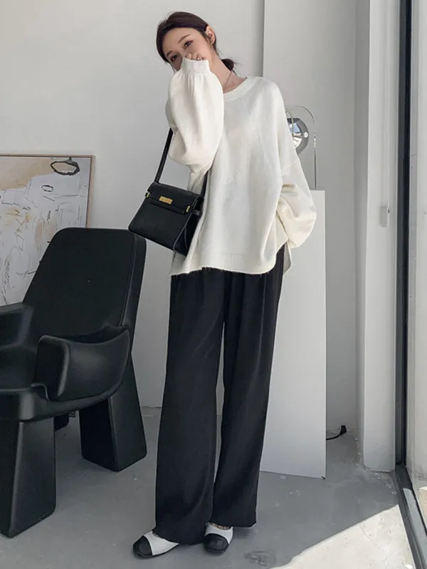 xakxx Stretch Mohair-Blend Balloon Sleeves Loose Solid Round-Neck Sweater Tops