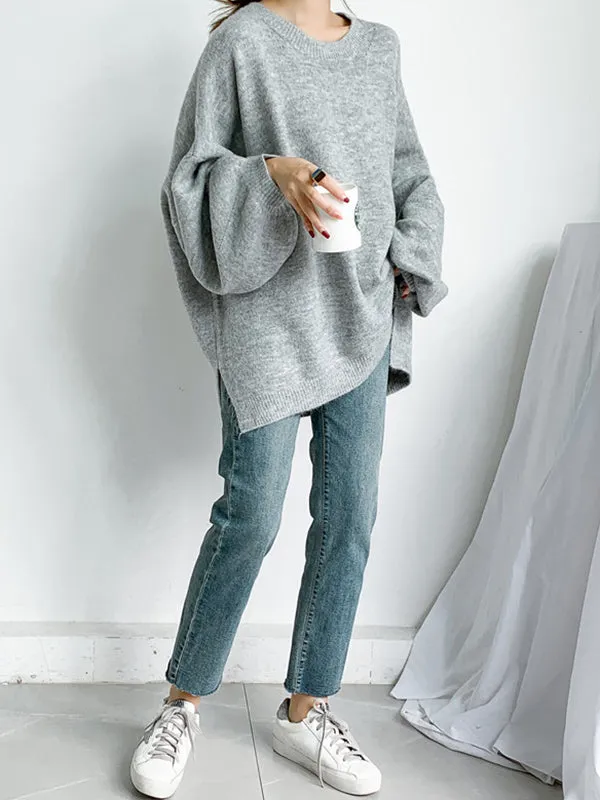 xakxx Stretch Mohair-Blend Balloon Sleeves Loose Solid Round-Neck Sweater Tops