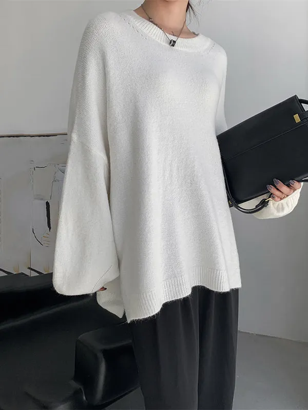 xakxx Stretch Mohair-Blend Balloon Sleeves Loose Solid Round-Neck Sweater Tops