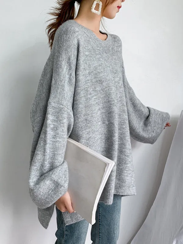 xakxx Stretch Mohair-Blend Balloon Sleeves Loose Solid Round-Neck Sweater Tops