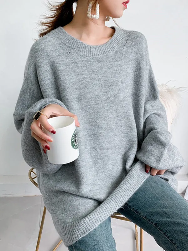 xakxx Stretch Mohair-Blend Balloon Sleeves Loose Solid Round-Neck Sweater Tops