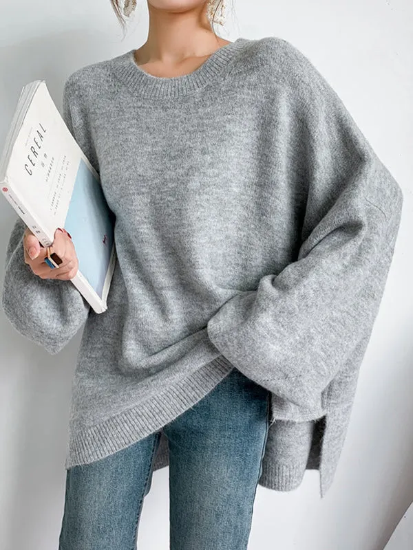 xakxx Stretch Mohair-Blend Balloon Sleeves Loose Solid Round-Neck Sweater Tops