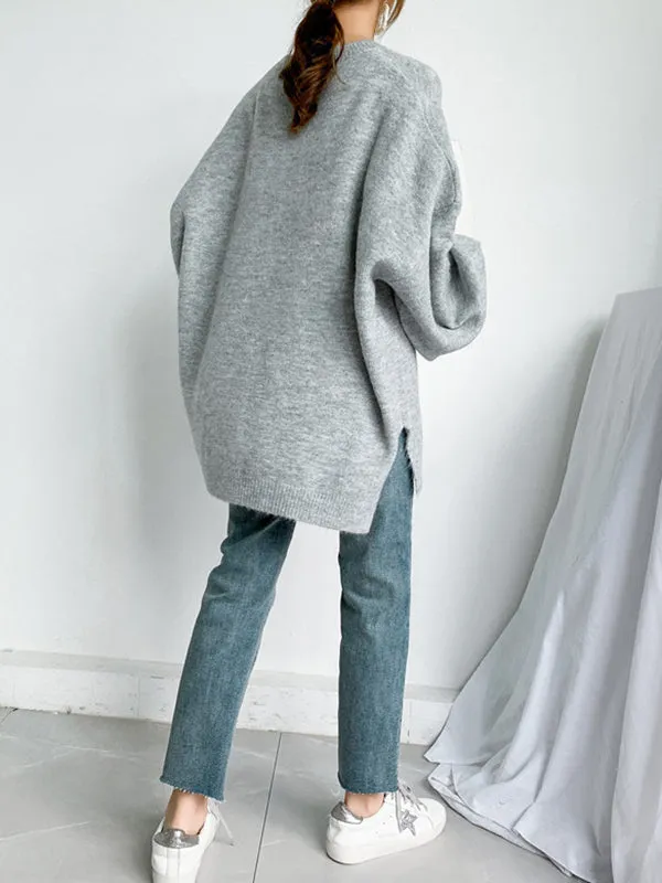 xakxx Stretch Mohair-Blend Balloon Sleeves Loose Solid Round-Neck Sweater Tops