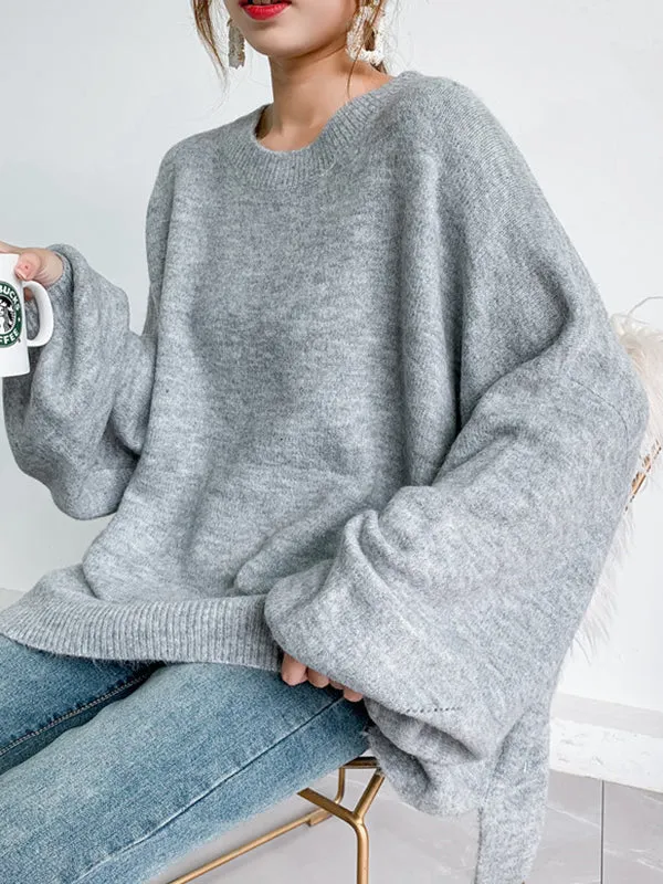 xakxx Stretch Mohair-Blend Balloon Sleeves Loose Solid Round-Neck Sweater Tops