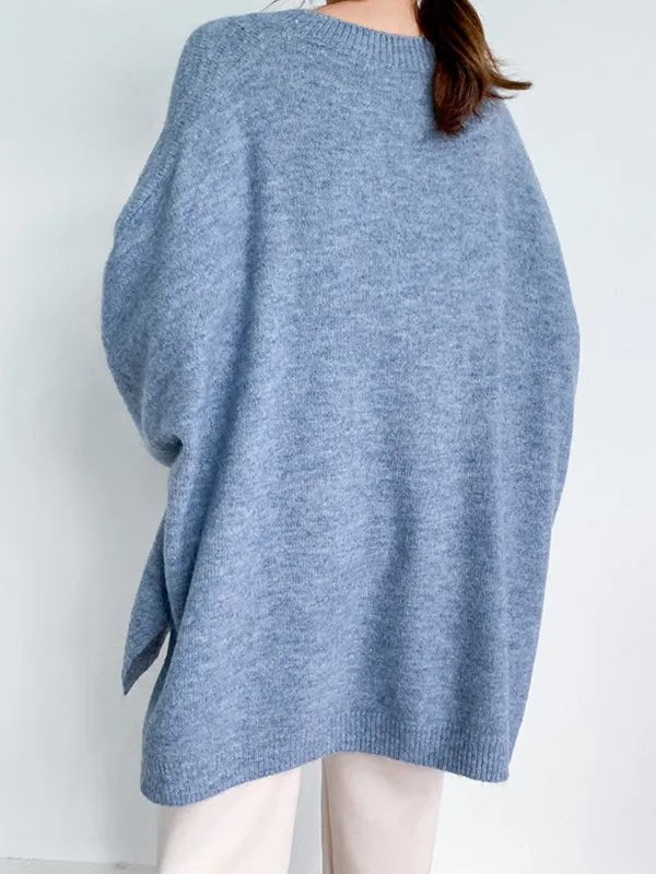 xakxx Stretch Mohair-Blend Balloon Sleeves Loose Solid Round-Neck Sweater Tops